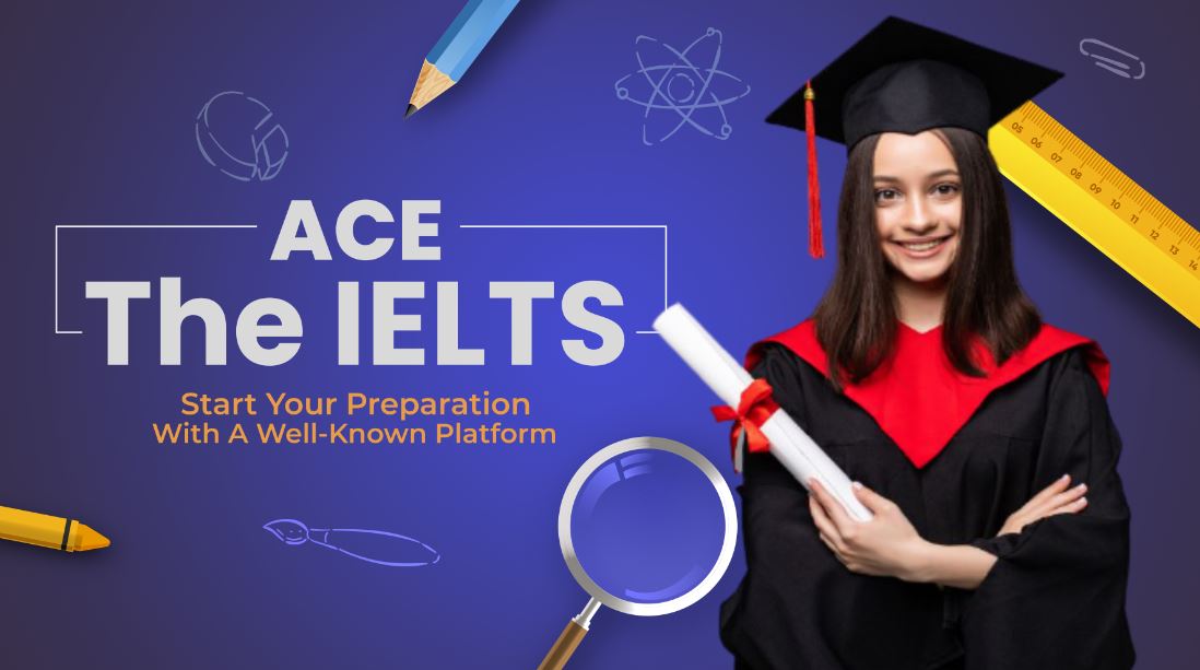 girl showing the best ielts training center in noida with a message saying ace the ielts