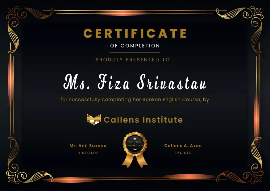 certificate of Ms. Fiza who completed english speaking course
